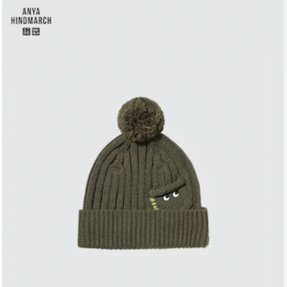 Anya Hindmarch Uniqlo olive touch of wool heattech pompom beanie hat NWT - Picture 1 of 8